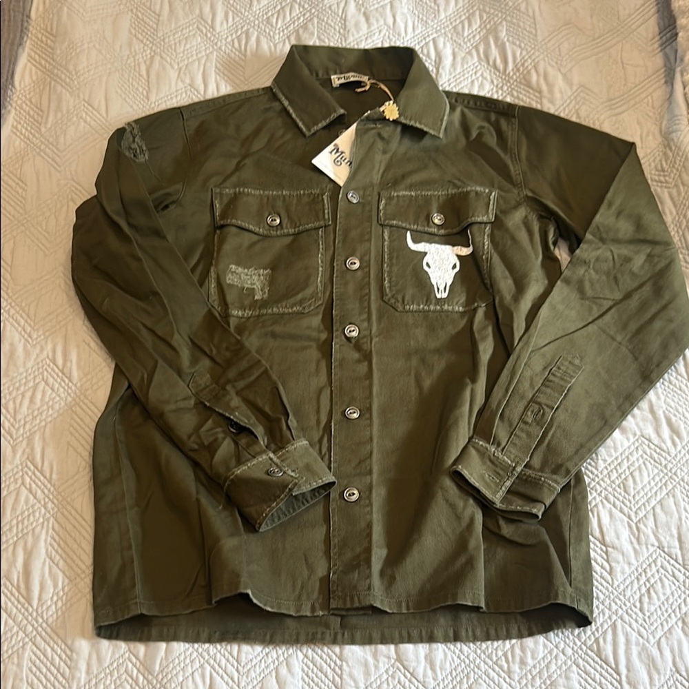 SHOW ME YOUR MUMU size small NEW longhorn western distressed Olive Green Jacket